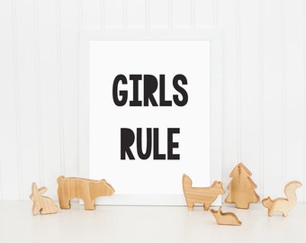 Girls Rule Print, Printable Art, Wall Decor, Kids Print, Childrens Wall Art, Nursery Wall Art, Black and White Print, Monochrome Print