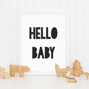 Hello Baby Print, Monochrome Print, Kids Print, Kids Bedroom Print, Childrens Wall Art, Nursery Art, Wall Decor, Black and White Print image 1