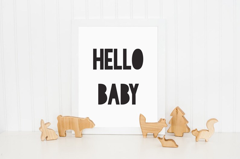 Hello Baby Print, Monochrome Print, Kids Print, Kids Bedroom Print, Childrens Wall Art, Nursery Art, Wall Decor, Black and White Print image 1