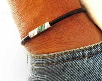 Turquoise Bronze Men's Leather Bracelet, Engraved Personalized Gift