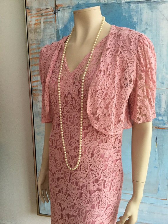 1930/40s Pink floral net lace bias gown
