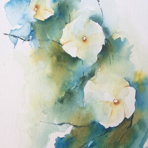 May include: Watercolor painting of white flowers with blue and green foliage. The flowers are painted in a soft, delicate style, with a focus on the petals and the center of the flowers. The background is a soft wash of blue and green, creating a sense of depth and movement.