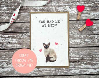 Cat Valentine's Day card, Plantable seed Valentine card, Siamese plantable card, Cat Valentine card