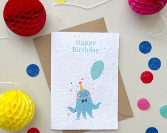 Octopus plantable seed birthday card, Birthday card for kids, Plantable children's birthday card, Wildflower seed birthday card