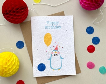 Plantable children's birthday card, Wildflower seed birthday card, Birthday card for kids, Penguin plantable seed birthday card
