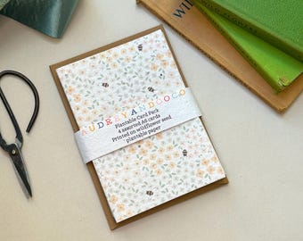 Flower & Bee wildflower card 4 pack, wildflower plantable notelet set, thank you card pack, 100% biodegradable sustainable A6 cards