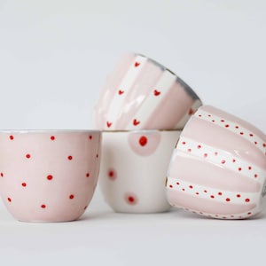 Striped, Dotted or Heart Mug| Set of 4 | Handmade Pink Porcelain Cup | Unique Coffee Tumbler