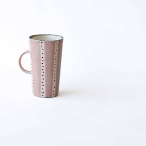 Handmade Pink Porcelain Mug with Red Dot Vertical Stripes | Tall Coffee Cup | Unique Gift for Her | Modern Minimalist Ceramic