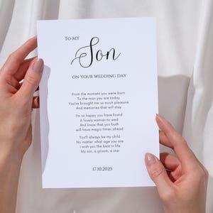 Tarjeta personalizada para el día de la boda de su hijo, tarjeta con poema para el novio de mamá, papá o padres, tarjeta de boda para mi/nuestro hijo, tarjeta de boda sentimental de los padres.