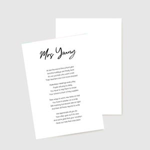 Tarjeta de agradecimiento al maestro, Tarjeta de agradecimiento personalizada para el maestro, Poema de fin de año para el maestro, Tarjeta de agradecimiento a la profesión docente de un padre