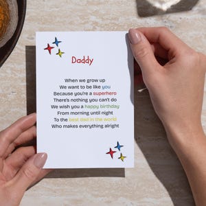 Tarjeta personalizada para el Día del Padre, tarjeta con poema de cumpleaños para papá, tarjeta de superhéroe para papá, recuerdo con poema impreso, regalo de poema para papá de parte de los niños, tamaño A6