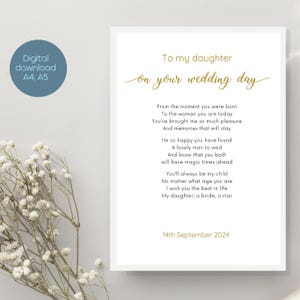Impresión de poema de boda personalizado para hija, regalo de boda imprimible de mamá/papá/padres, recuerdo de boda para hija, impresión digital