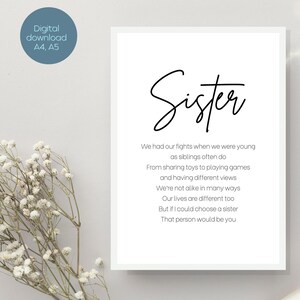 Personalisierter Schwester Gedicht Druck, Minimalistischer Schwester Druck, Spezielles Schwester Geburtstagsgeschenk, Wenn ich ein Schwester Gedicht wählen könnte, Digitaler Download