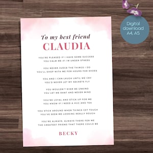 Poema personalizado para mejor amiga/hermana, regalo para la mejor amiga, regalo de cumpleaños para una amiga especial, impresión de agradecimiento a una amiga, descarga digital