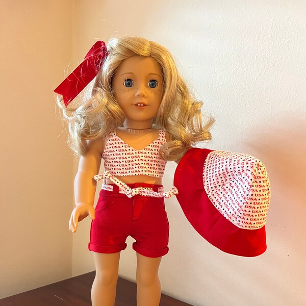 Summer USA shorts, top and hat set  made to fit 18 inch dolls such as American Girl