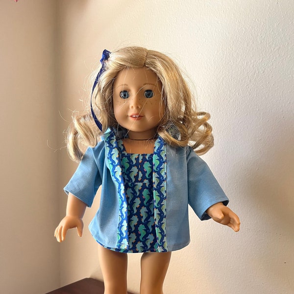 Blue seahorse babydoll style bathing suit with matching coverup made to fit 18 inch dolls such as American Girl