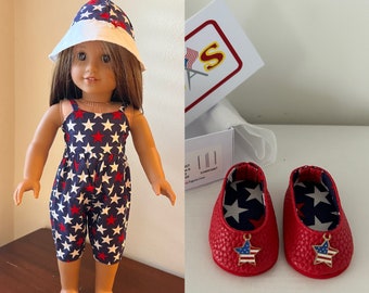 Red, white and blue star romper, hat and matching red shoes made to fit 18 inch dolls such as American Girl