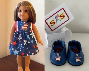 Cute navy star dress/shoe set made to fit 18 inch dolls such as American Girl