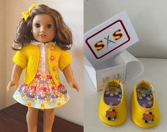 Colorful rainbow daisy sweater set with matching shoes made to fit 18 inch dolls such as American Girl
