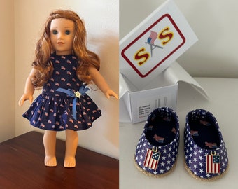 Navy USA flag dress and shoe set made to fit 18 inch dolls such as American Girl