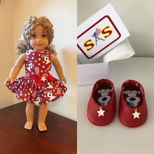 Flags, stars and dogs patriotic dress and shoe set made to fit 18 inch dolls such as American Girl