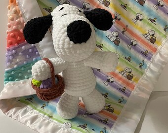 White dog Stuffie, Easter basket of eggs and matching Rainbow Easter Blanket!