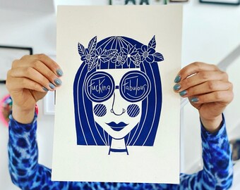 Impresión hecha a mano 'Fabulosa' A4 Lino / Impresión en relieve / Impresión de arte original / Idea de regalo / Regalo de inauguración de la casa / Decoración del hogar / Arte mural