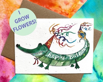 Tarjeta plantable: Feliz cumpleaños caimán, algodón reciclado & semillas de rudbeckia