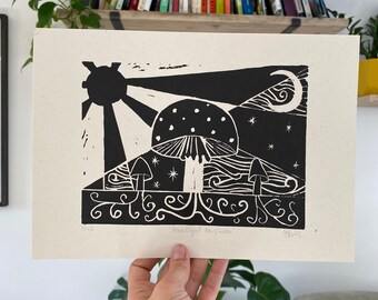Hecho a mano 'Moonlight Mushroom' Original A4 Lino Print / Relief print / Original Art Print / Housewarming Gift / Decoración del hogar / Wall Art