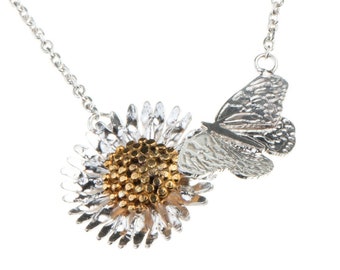 butterfly and daisy necklace in solid sterling silver and gold plate