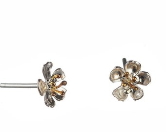 Cherry Blossom Stud Earrings In Sterling Silver And Gold Plate Details