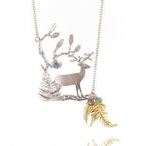 Stag in a forest with ferns statement necklace in solid silver with gold plate