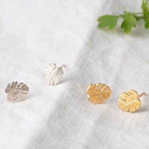 Monstera leaf stud earrings in sterling silver and gold plate image 2