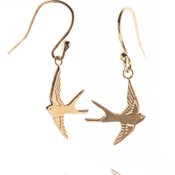 Flying Swallow Earrings on hooks in sterling silver and gold vermeil