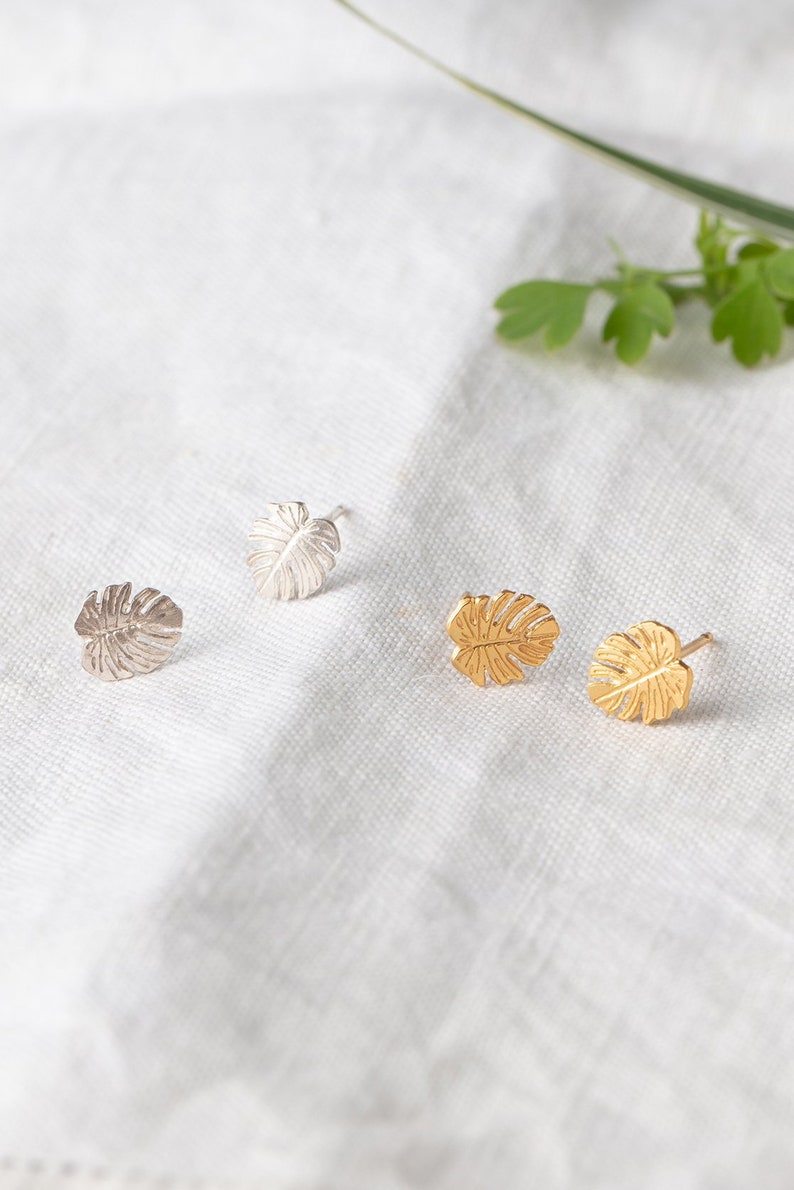 Monstera leaf stud earrings in sterling silver and gold plate image 2