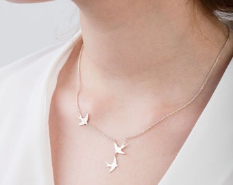 Three Flying Swallows Necklace In Solid Silver And Gold Plate