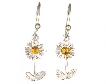 Daisy With Stalks Dropp Earrings - 925 Sterling Silver