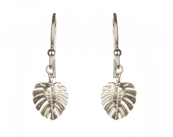 Monstera leaf drop earrings in solid sterling silver and gold plate