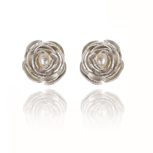 Peony Flower Earrings With Pearls In Sterling Silver And Gold Vermeil