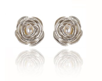 Peony Flower Earrings With Pearls In Sterling Silver And Gold Vermeil