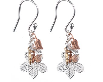 Falling Leaves Drop Earrings In Sterling Silver, Rose And Yellow Gold Plate