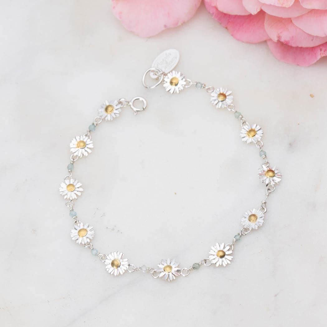 Daisy Chain bracelet in sterling silver and 9ct gold with aquamarine stones