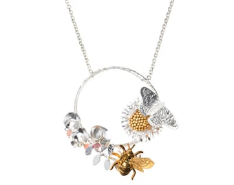 Butterfly, Bee and floral statement necklace, sterling silver with gold plate details