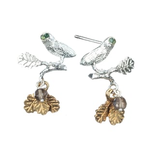Handmade Owl And Oak Leaf Stud Earrings In Sterling Silver And Gold Vermeil