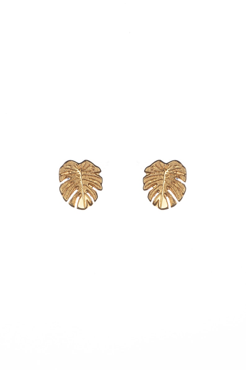 Monstera leaf stud earrings in sterling silver and gold plate image 6