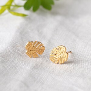 Monstera leaf stud earrings in sterling silver and gold plate 22ct gold plated vermeil