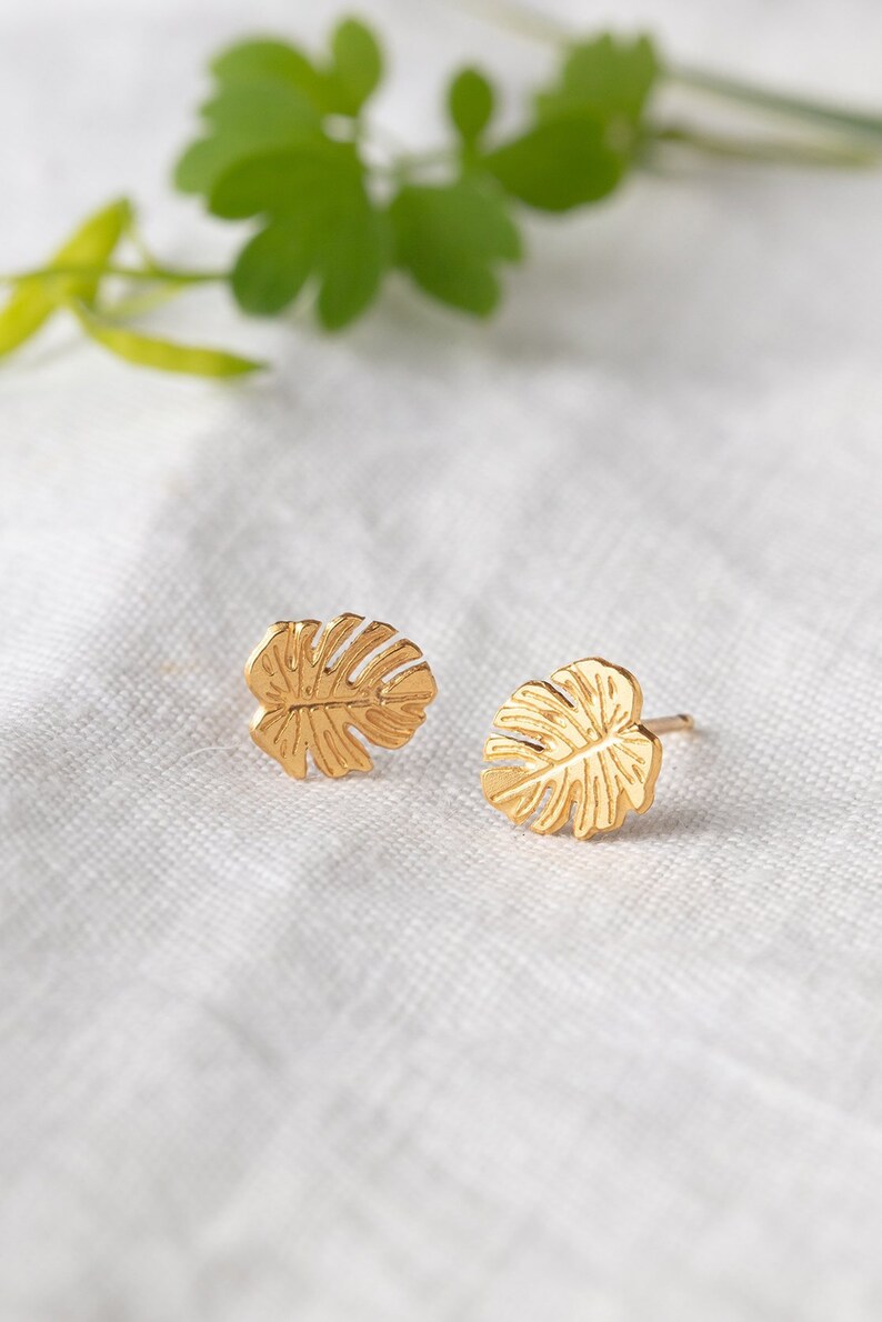 Monstera leaf stud earrings in sterling silver and gold plate 22ct gold plated vermeil