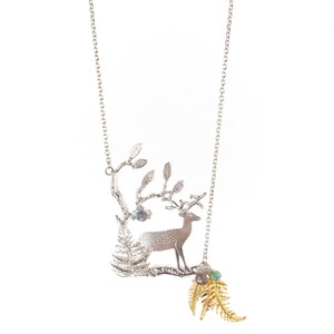 Fern and deer necklace in solid silver with gold plate