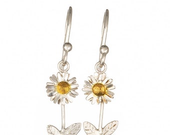 Daisy Earrings on hooks in sterling silver with 22ct gold details