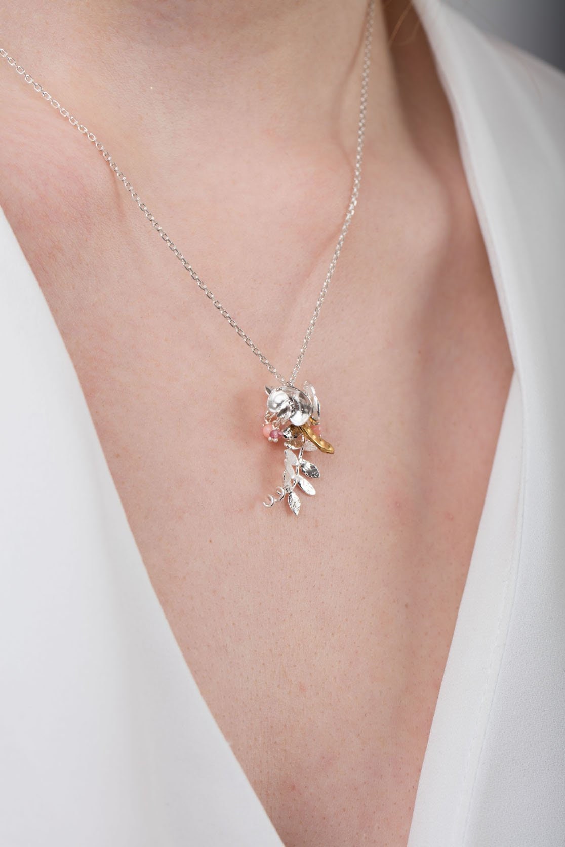Sweet Pea Flower Necklace in Sterling Silver With Gold Plated